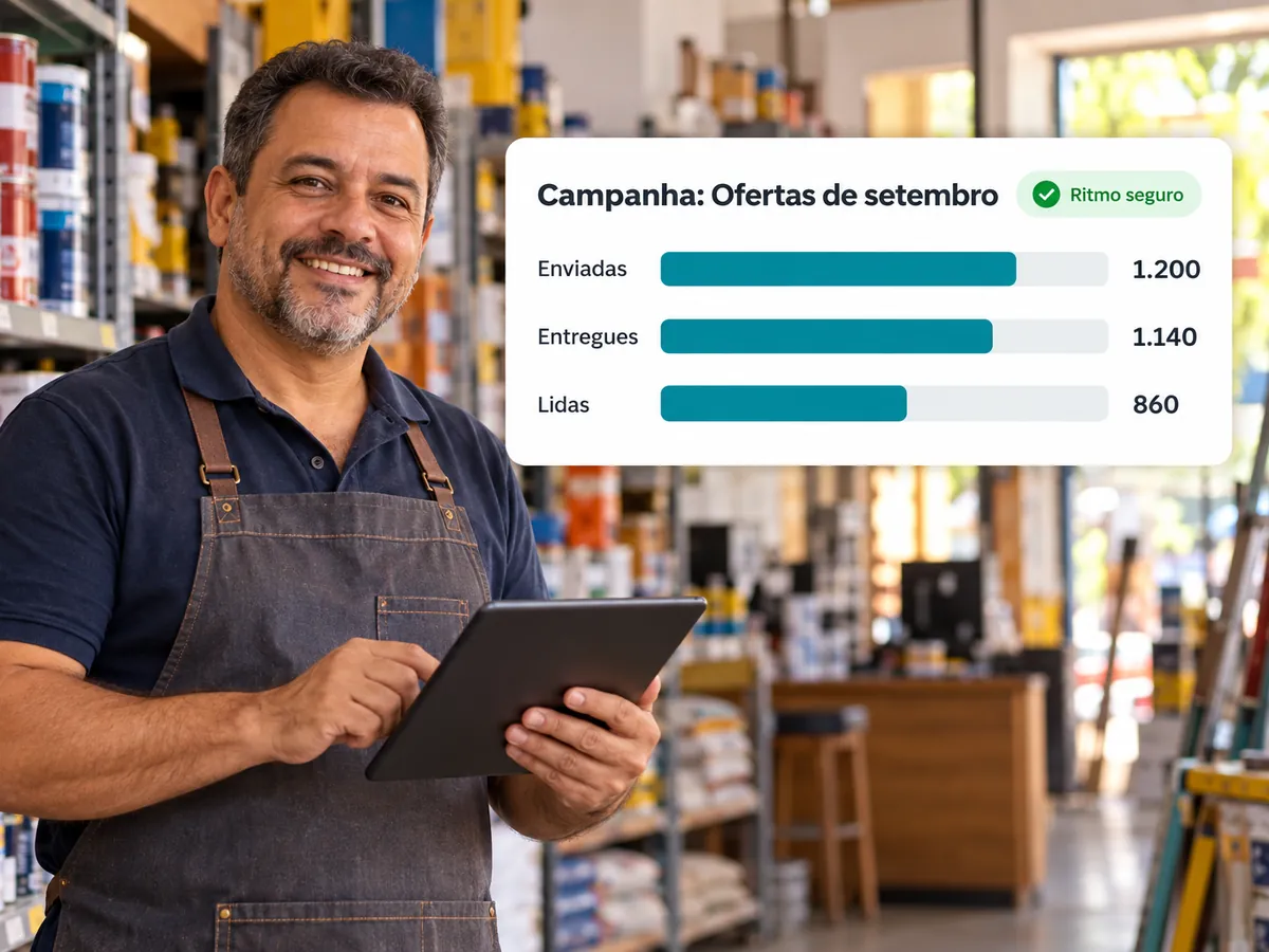 Dono de loja de materiais disparando campanha de WhatsApp com relatório ao vivo