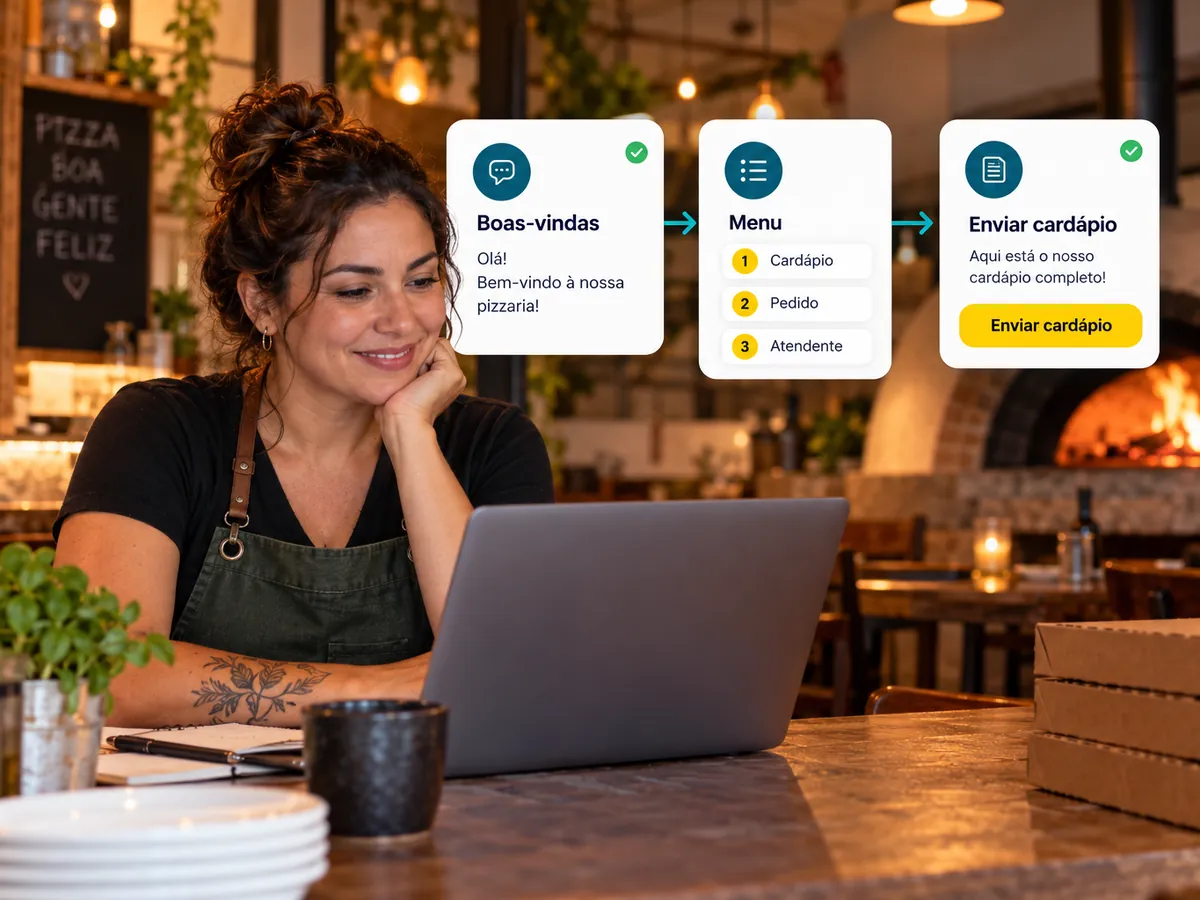 Dona de pizzaria montando o chatbot de atendimento em blocos