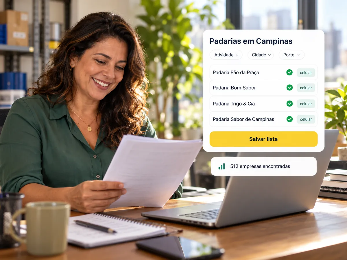 Gerente comercial revisando uma lista de empresas filtrada por atividade e cidade