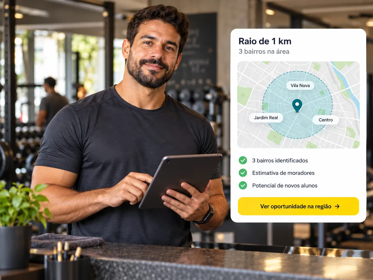 Dono de academia escolhendo a área do bairro no mapa para convidar vizinhos