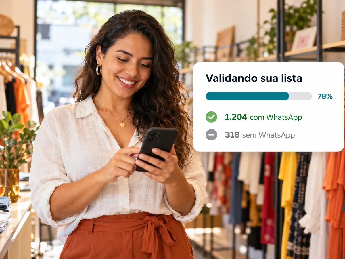 Dona de loja conferindo quais números da lista têm WhatsApp